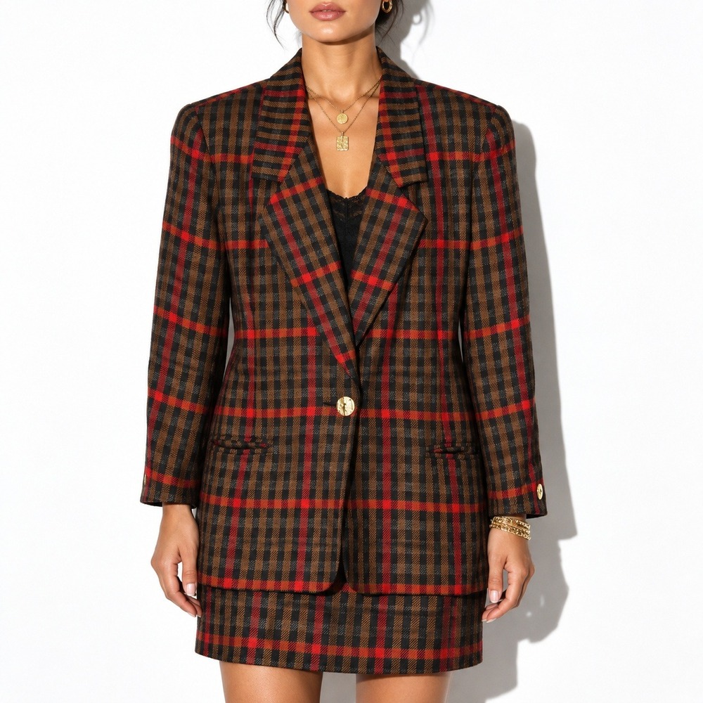 Gabardine Plaid Skirt Suit Sz 10 Brown Red Shoulder Pad Vintage 90s Paul Stanley